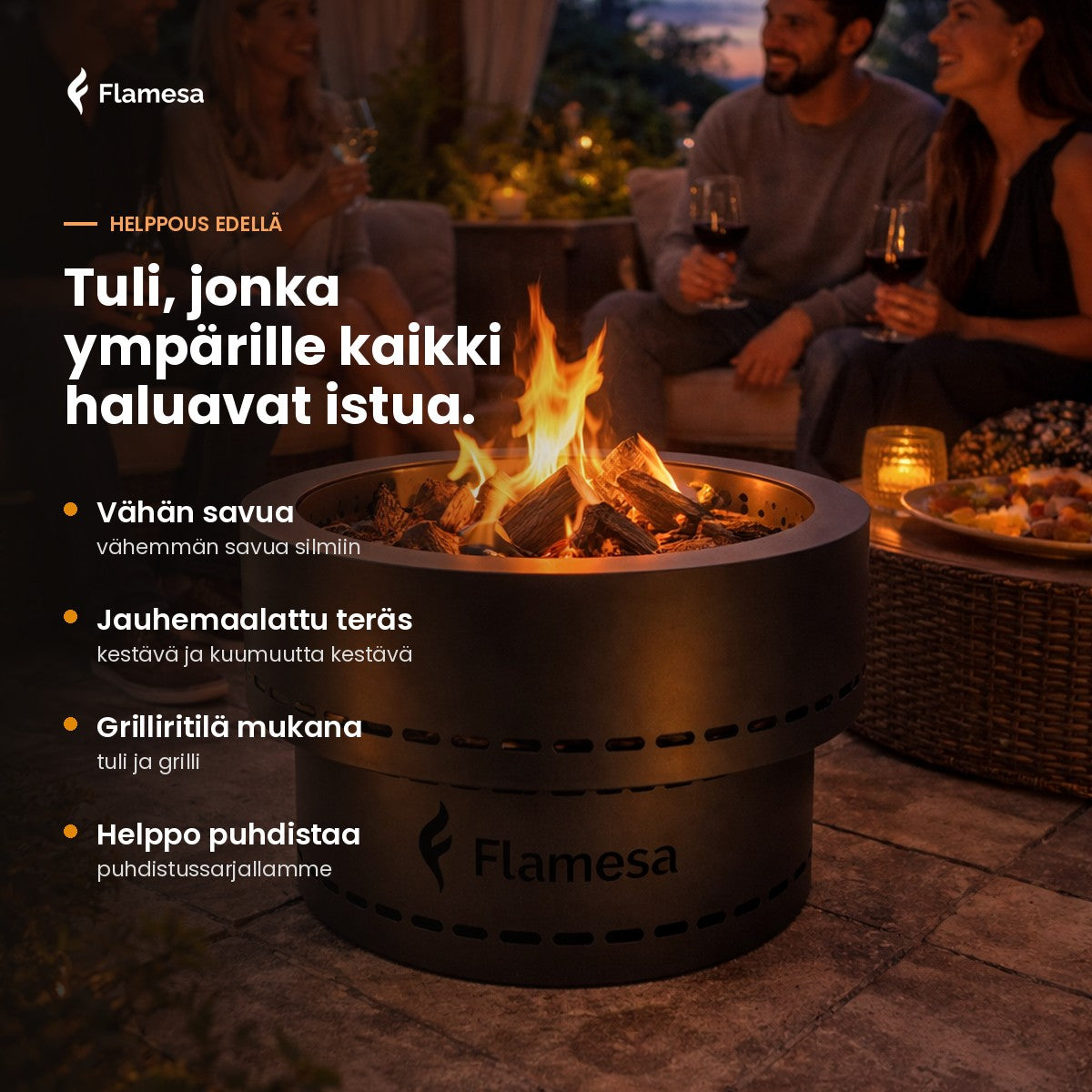 Flamesa Flame: palava tulikori terassilla illalla